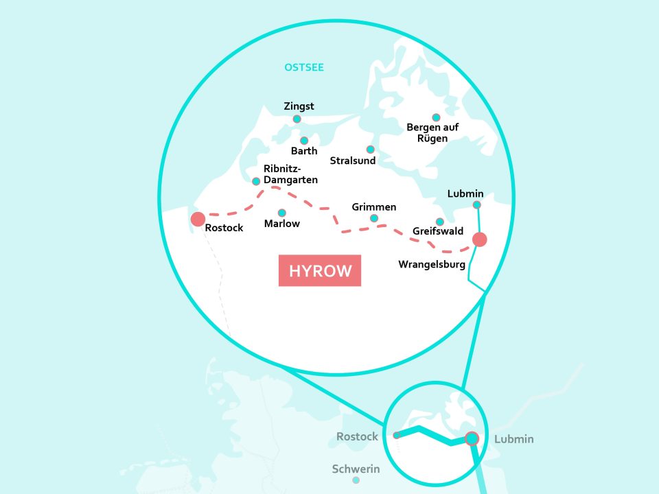 Karte vom geplanten Verlauf der Wasserstoffpipeline