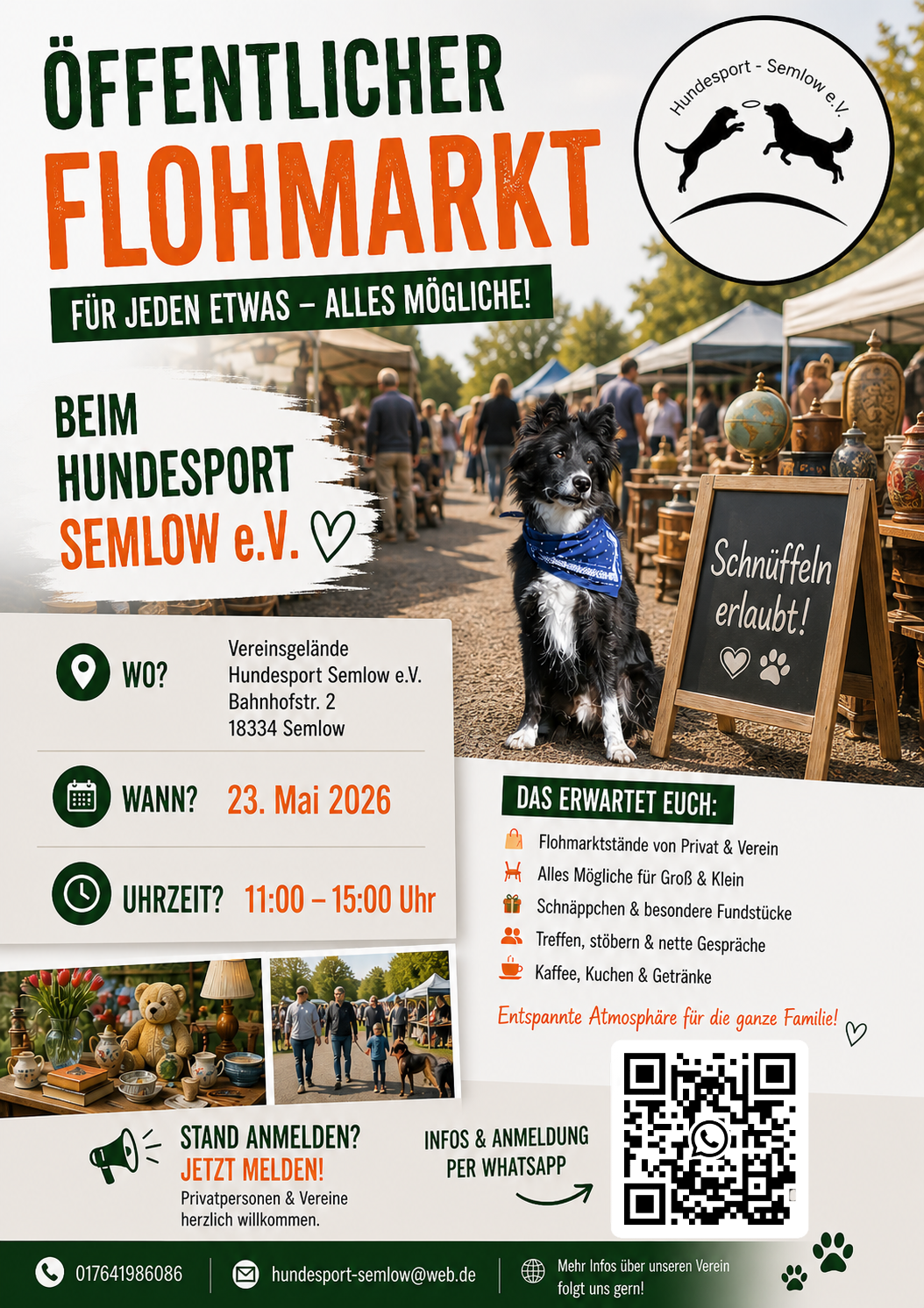 Plakat mit Einladung zum Flohmarkt auf dem Hundesportplatz in Semlow